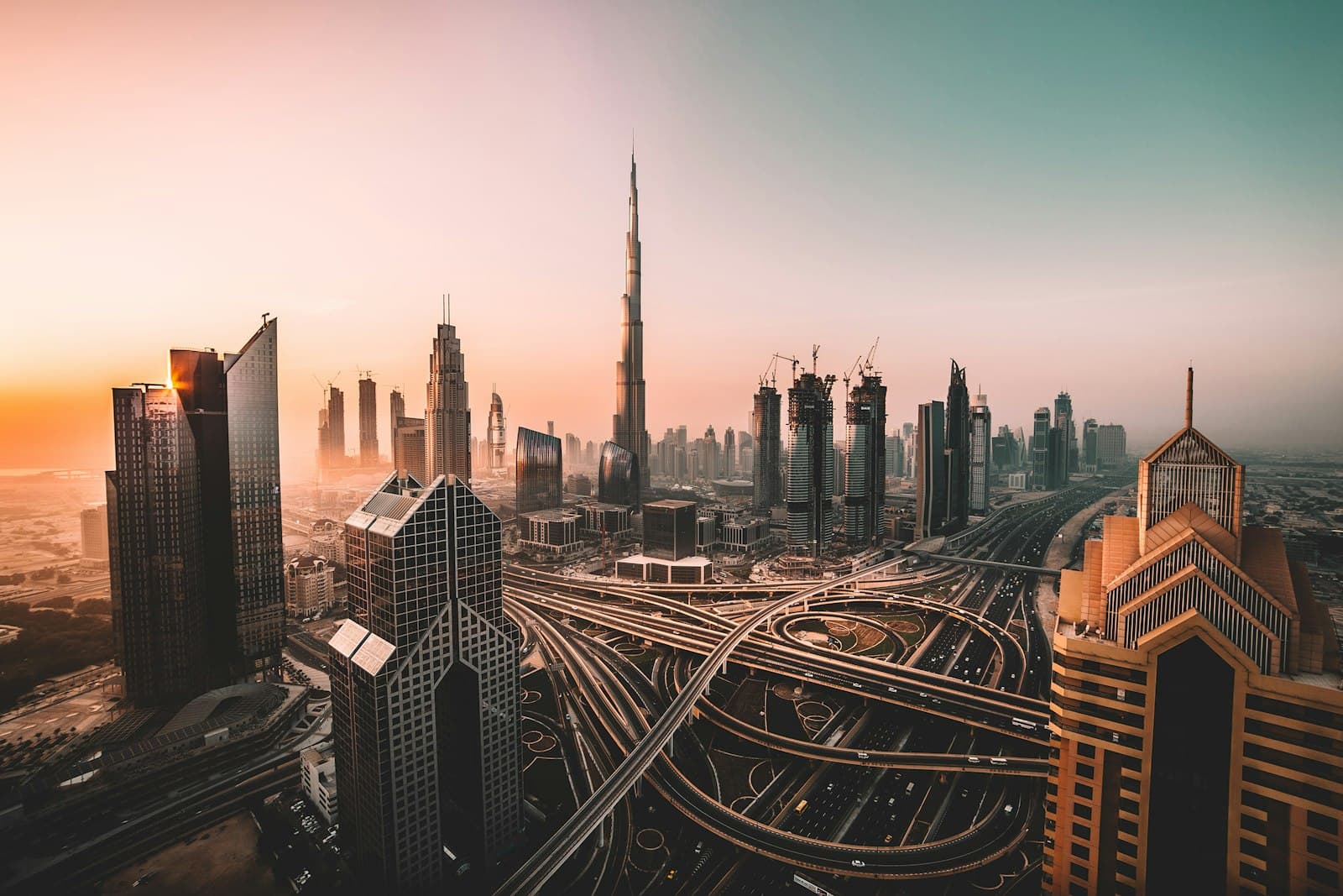 The Dubai skyline with the Burj Khalifa at sunrise