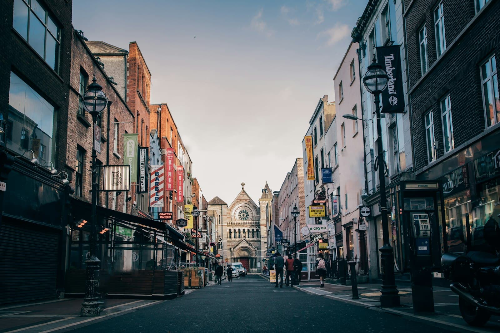A Dublin street at dawn looking towards a church spire