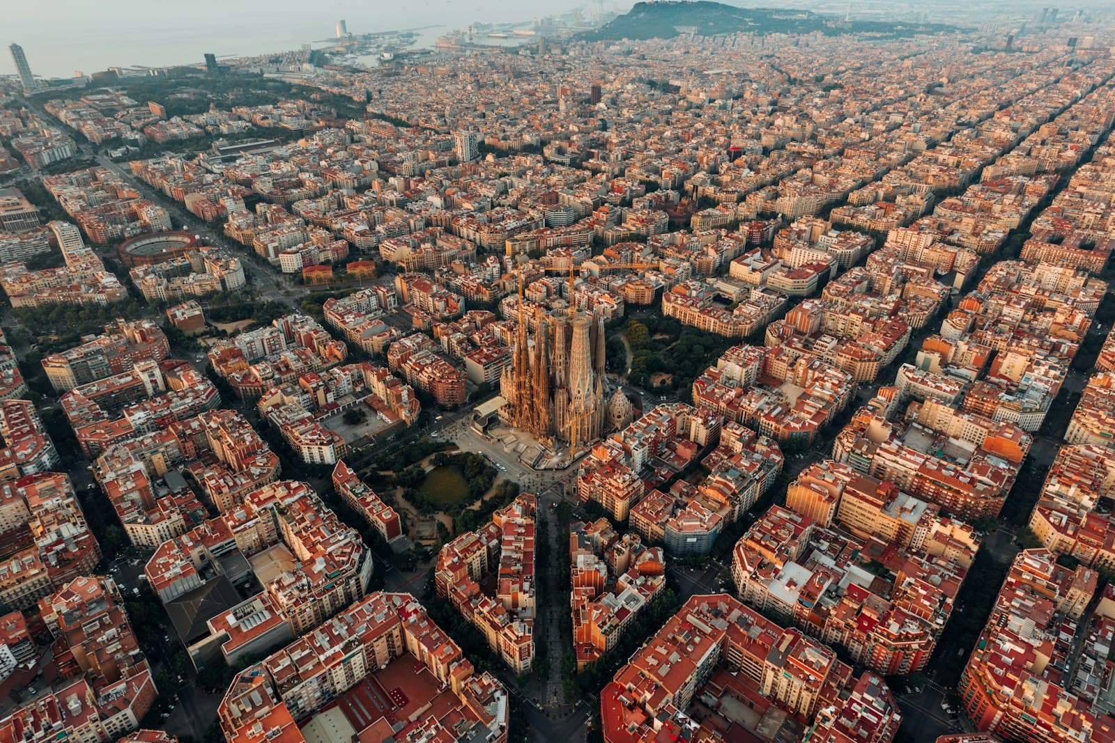 An aerial view of Barcelona's grid and the Sagrada Família