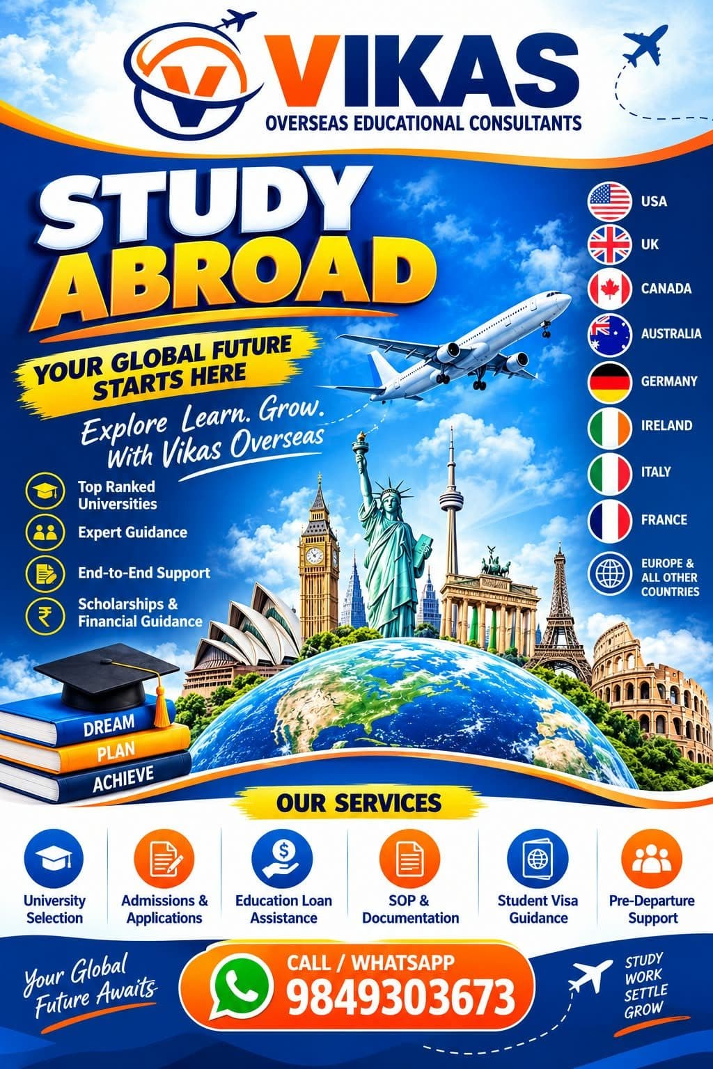 Vikas Overseas poster: Study Abroad — your global future starts here
